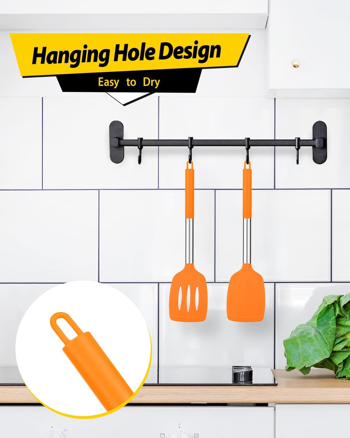 Pack of 2 Silicone Solid Turner, Non Stick Slotted Kitchen Spatulas, High Heat Resistant BPA Free Cooking Utensils, Ideal Cookware for Fish, Eggs, Pancakes (ORANGE)