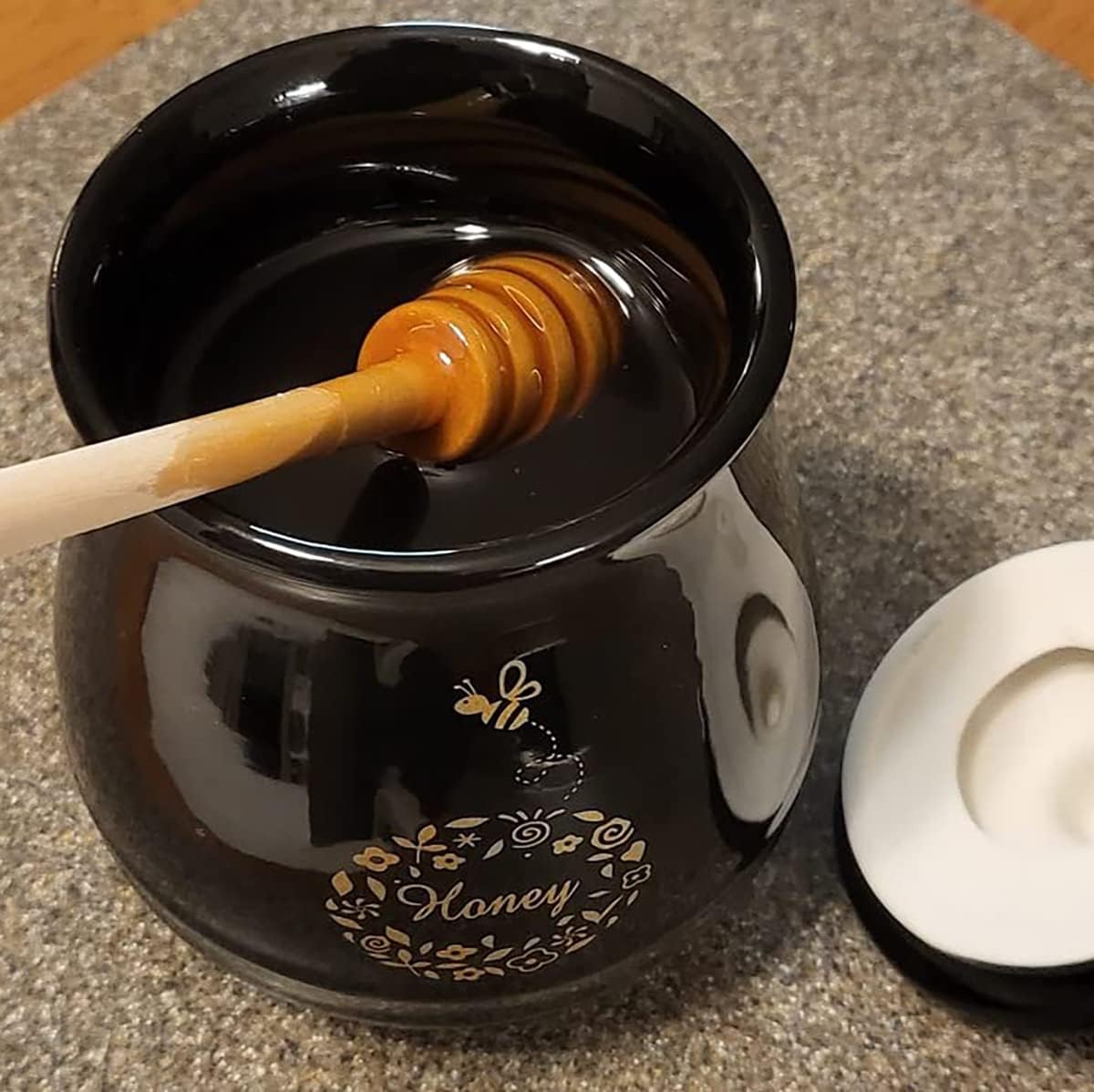 Ceramic Honey Jar with Wooden Honey Dipper-Honey Pot with Dipper- Honey Jar with Stand, Great Bee Decor- Farmhouse Kitchen Decor (Honey Jar-Black)