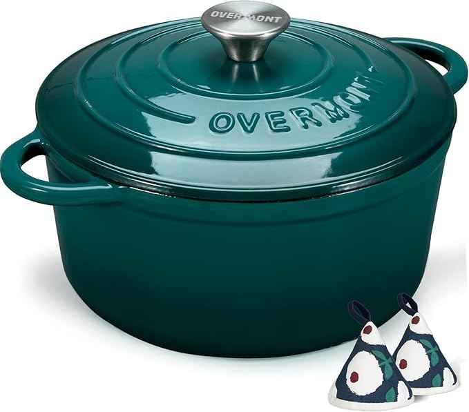 Overmont Enameled Cast Iron Dutch Oven - 5.5QT Pot with Lid Cookbook & Cotton Potholders - Heavy-Duty Cookware for Braising, Stews, Roasting, Bread Baking bottle green