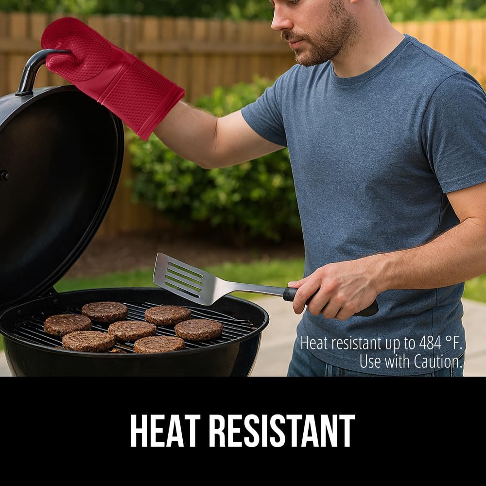 GORILLA GRIP BPA-Free Soft Silicone Oven Mitts, 14.5x8.3, Heat Resistant and Waterproof Cooking Gloves, Thick Cotton Lining, Flexible Gripping for Baking Grilling, Kitchen Potholders Set of 2, Red