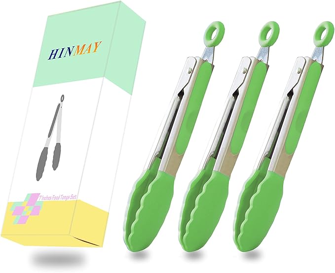 Mini Tongs with Silicone Tips 7 Inches Silicone Cooking Tongs, Set of 3 (Green)