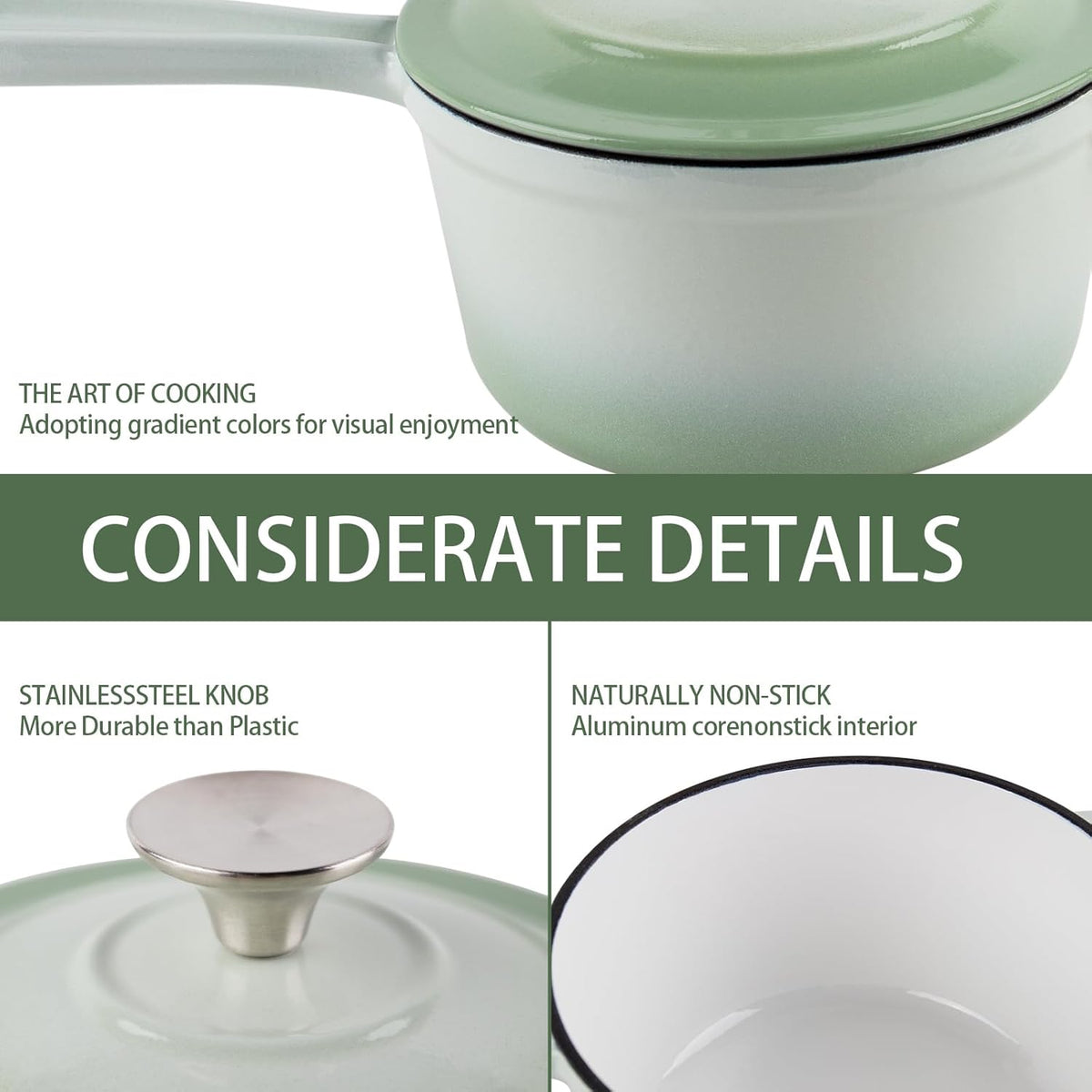 Enameled Cast Iron Sauce Pan, 1.6 Quarts Round Sauce Pot with Lid, Min Dutch Oven Enamel Saucepan for Cooking Pasta Sauce, Gravy, Puddings & Boiling, Gradient Green