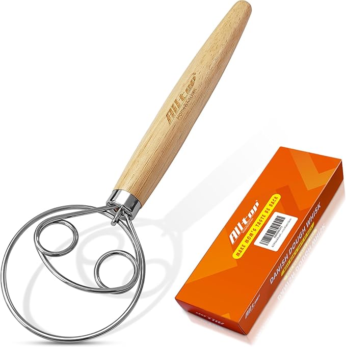 ALLTOP Danish Dough Whisk - Ultimate Dutch Mixer Hand Utensil with Stainless Steel Dough Hook - Essential Sourdough Stirring Stick for Perfect Bread Making Tool