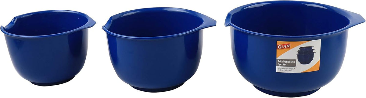 GLAD Mixing Bowls with Pour Spout, Set of 3 Nesting Design Saves Space Non-Slip, BPA Free, Dishwasher Safe Plastic Kitchen Cooking and Baking Supplies, Blue