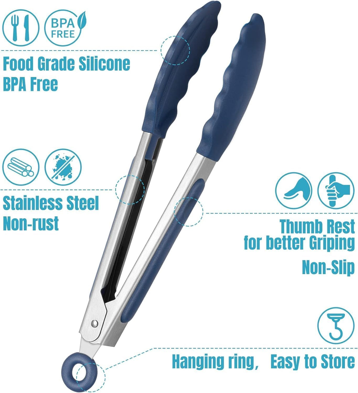 Hotec Mini Silicone Kitchen Tongs for Cooking - 7-Inch Small Serving Tongs with Silicone Tips, Set of 3 (Classic Blue)