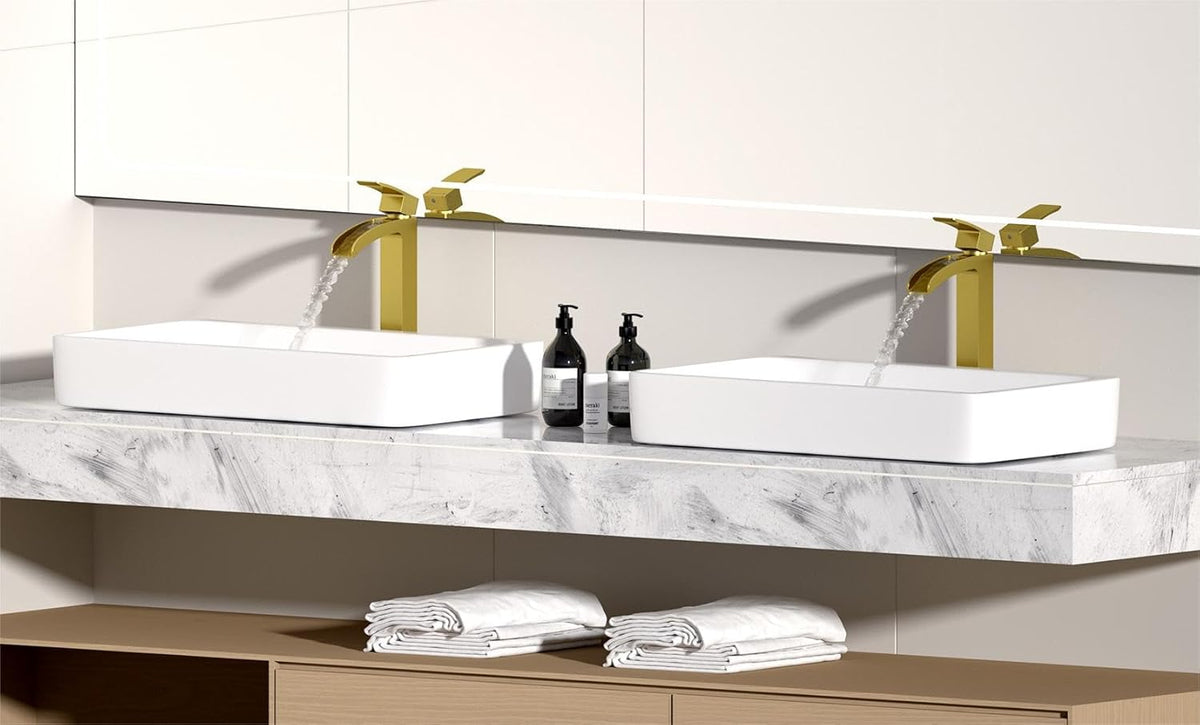 Bathroom Faucet Tall Vessel Waterfall Faucet Deck Mount Single Handle Lavatory with Water Supply Line and with Pop Up Drain (Brushed Gold )