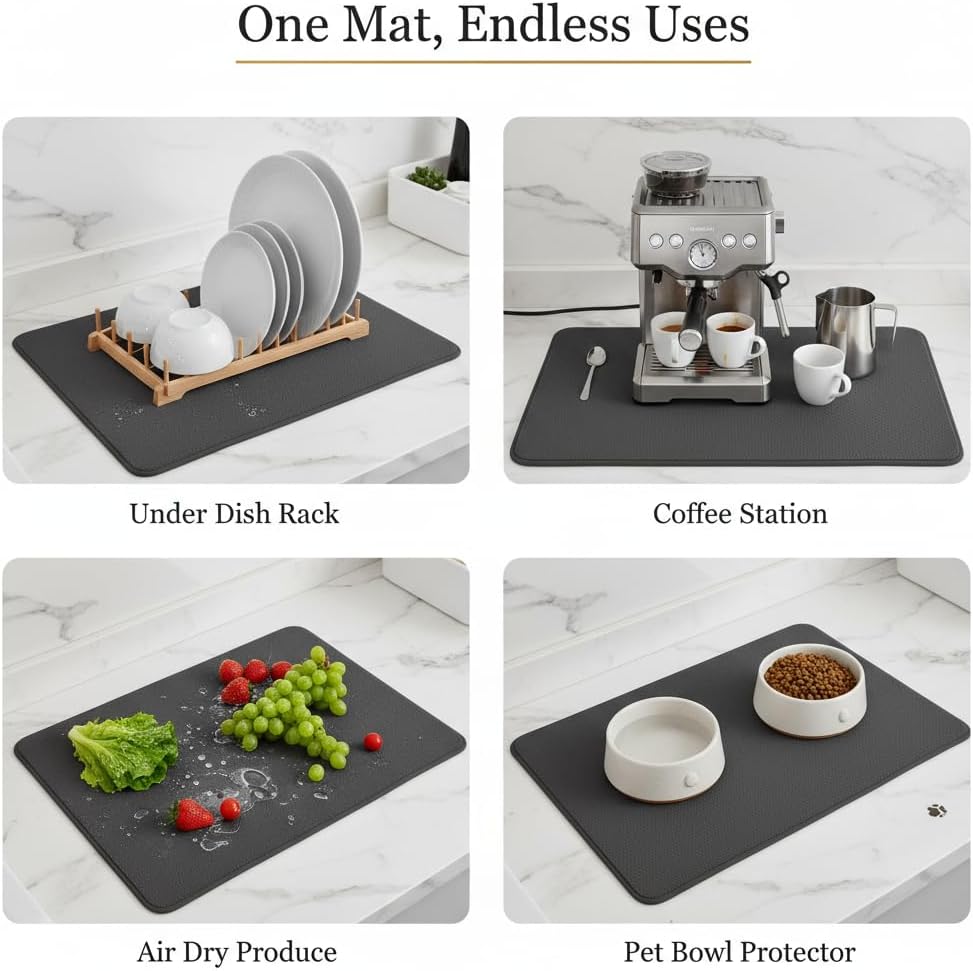 Dish Drying Mat Super Absorbent – 16" x 18" Coffee Mat for Countertops – Non-Slip Drying Mat for Kitchen Counter – Easy to Clean Water Absorbent Mat – Quick Dry Dish Mats (Dark Gray)