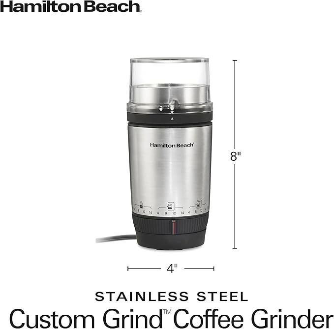 Hamilton Beach Custom Grind Electric Coffee Grinder for 4-14 Cups, One-Press Hand-Free Operation with Auto Shutoff, Removable Grinding Bowl For Easy Pour and Clean, Stainless Steel (80406)