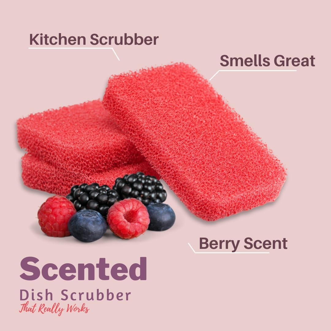 Peachy Clean Silicone Dish Sponge Scrubbers, Fresh Berry Scent, Non-Scratch, Odor-Resistant, Durable Dish Sponges for Kitchen.