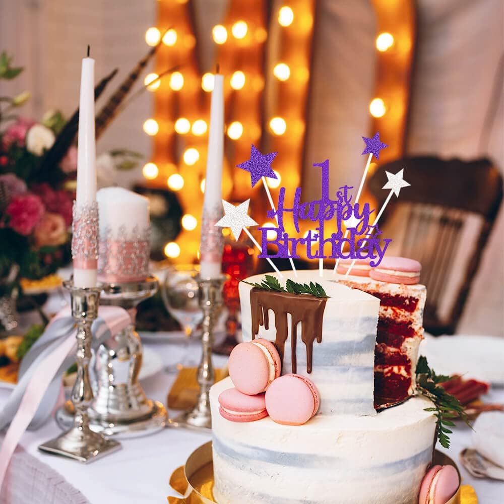 Glittery 1st Happy Birthday Cake Topper with Star,Personalised 1 Birthday Cake Toppers Party Decorations Party Supplies for Baby Boys Girls Purple Silver