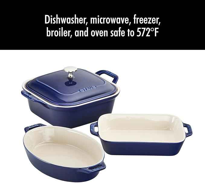 STAUB Ceramic 4-pc Baking Pans Set, Casserole Dish with Lid, Brownie Pan, Dark Blue