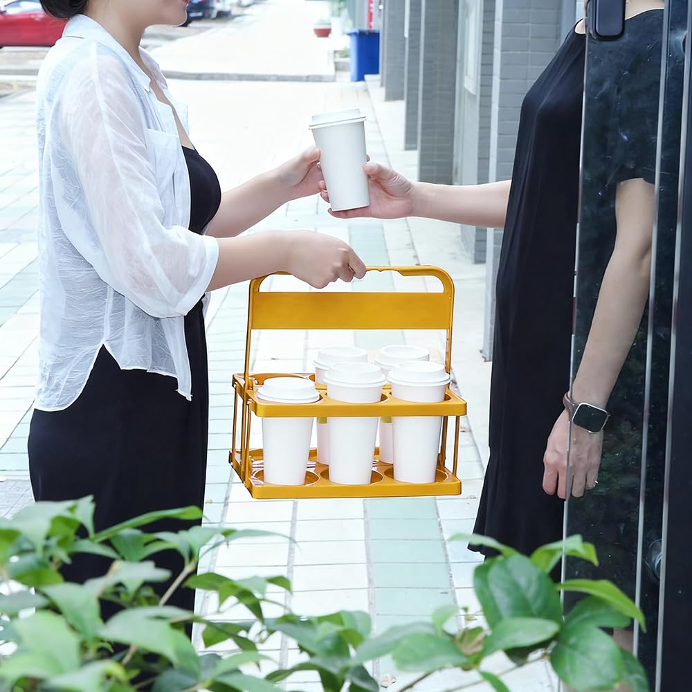 Bodaon 6 Cup Drink Carrier with Handle, Plastic Cup Holders for GrubHub/Doordash Delivery, Reusable Foldable Car Drink Caddy, Leakproof Food Delivery Accessories, 360° Secure Grip, Yellow