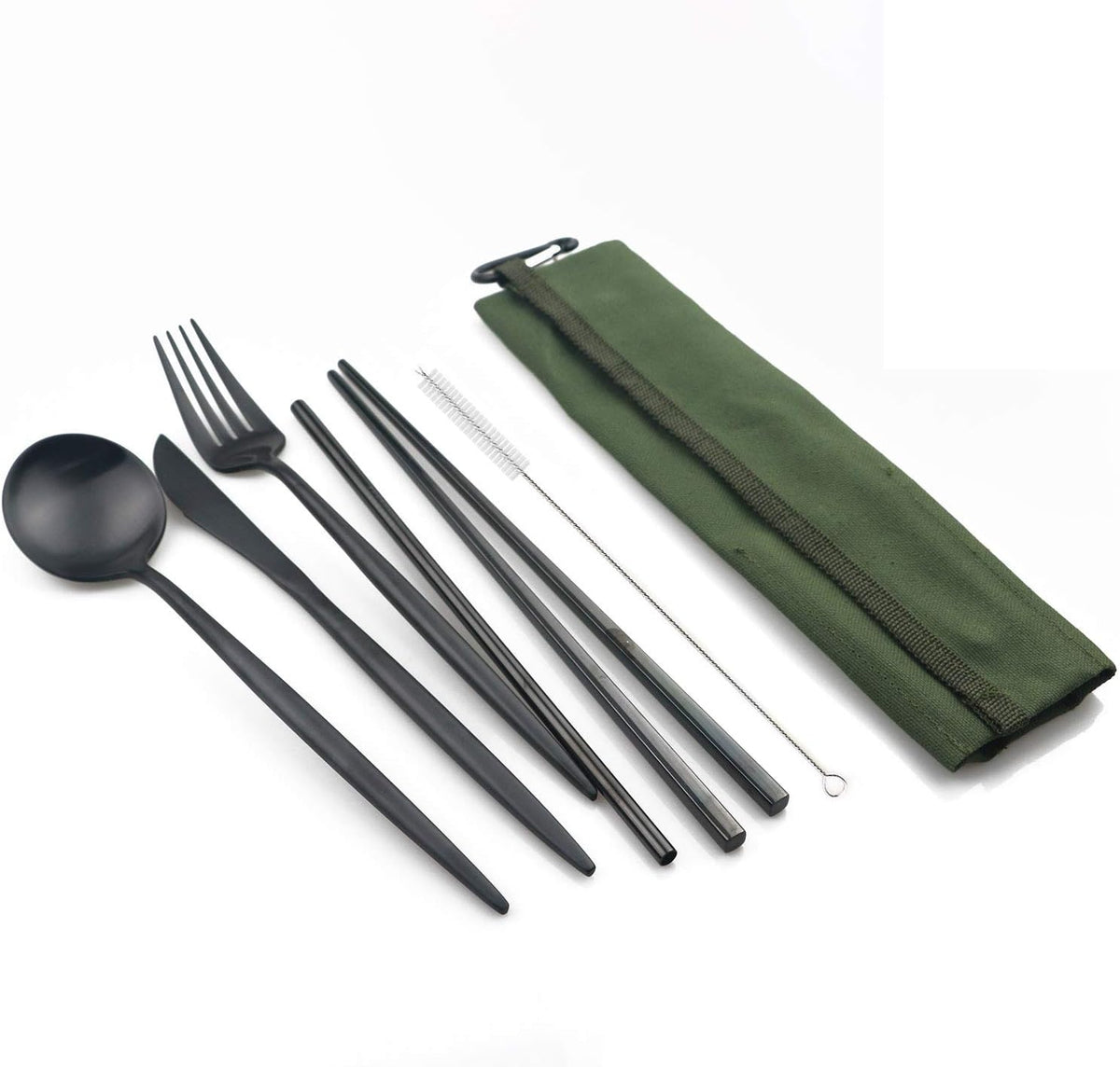 Portable 6 Pieces Flatware Set, 304 Stainless Steel Knife, Fork, Spoon, Chopsticks, Metal Straw, Cleaning Brush, Durable Travel Cutlery Set, Army Green Pouch Bag, Black