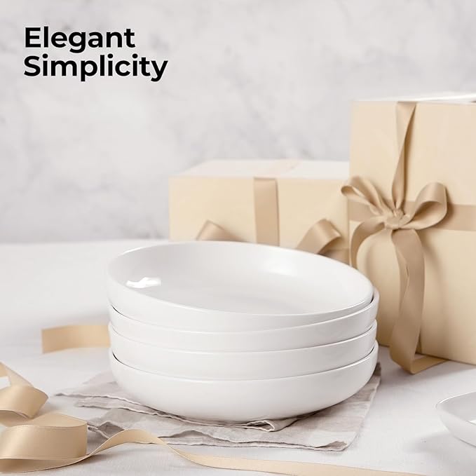 Y YHY 9.75" Large Pasta Bowls, 50 Ounces Big Salad Bowls, Ceramic Serving Bowl Set of 4, Wide and Shallow Bowls Set, Microwave and Dishwasher Safe, White