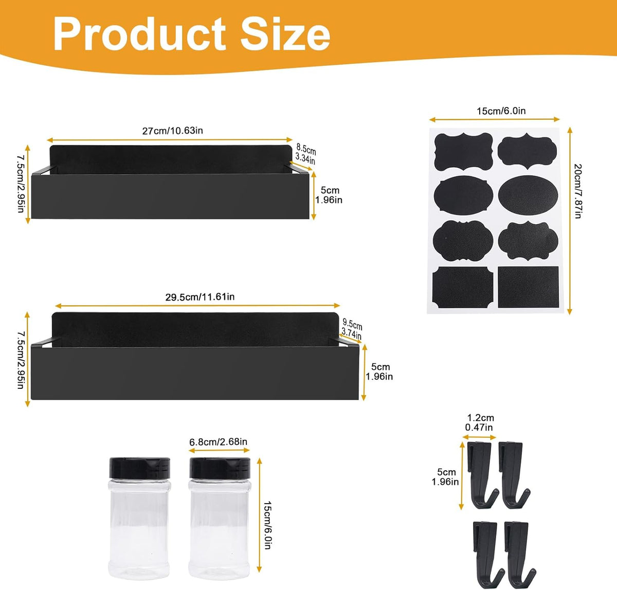 2 Pack Magnetic Spice Rack for Refrigerator,Metal Magnetic Shelf Black with 2 Jars,1 Label,4 Hooks,Space Saving for Home,Kitchen