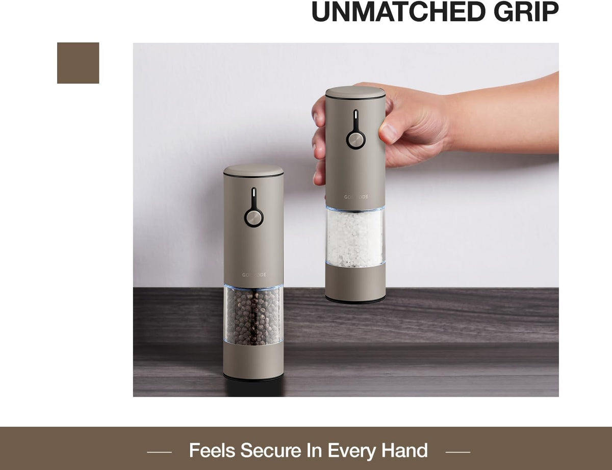Stainless Steel Rechargeable Electric Salt and Pepper Grinder Set, USB Charging with Dust Cover, 6 Adjustable Grinding Modes + LED Light 2pack,Brown