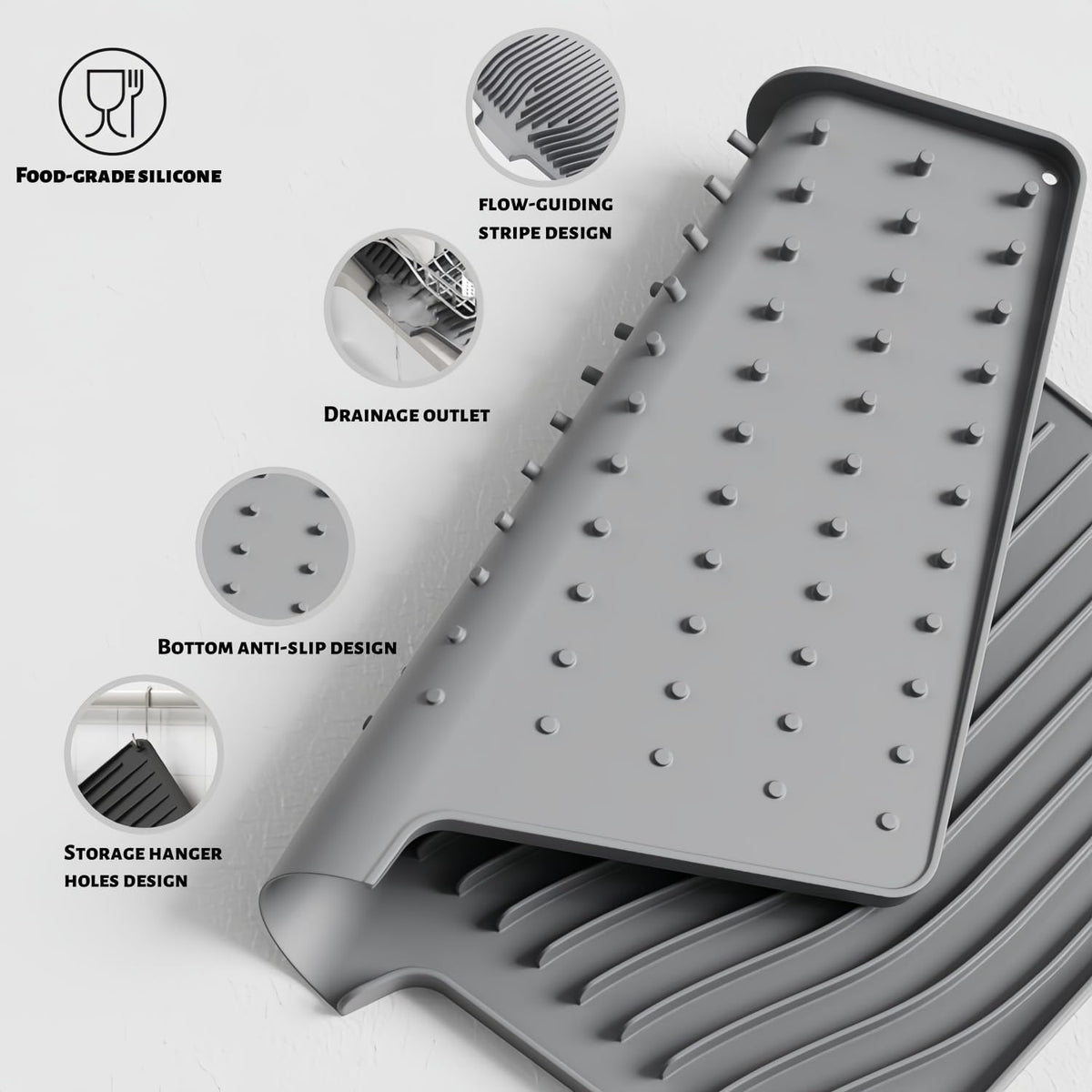 CIEO Silicone Dish Drying Mat for Kitchen Counter, Slope Fast Self-Draining, Non-Slip Drain Pad, Easy Clean Countertop Protection Mat, Multiple Use for Dishes Drying Rack(18.9"x 13.58",Gray)