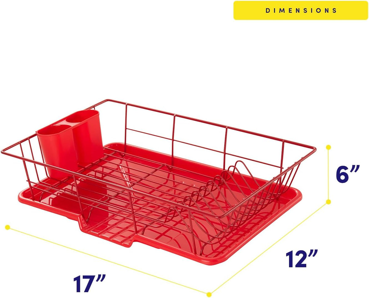 Sweet Home Collection Space-Saving 3-Piece Dish Drainer Rack Set: Efficient Kitchen Organizer for Quick Drying and Storage - Includes Cutlery Holder and Drainboard - Maximize Countertop Space, Red
