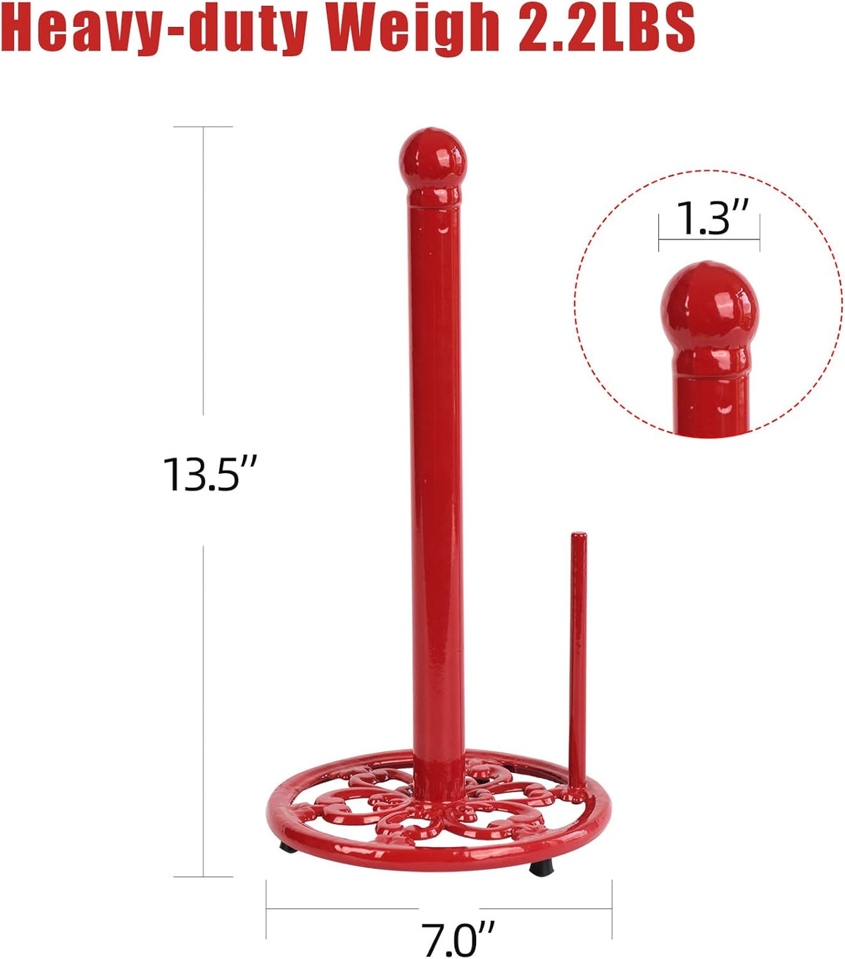 Vintage Red Cast Iron Paper Towel Holder - Weighted Base, One-Handed Tear for Kitchen Countertops