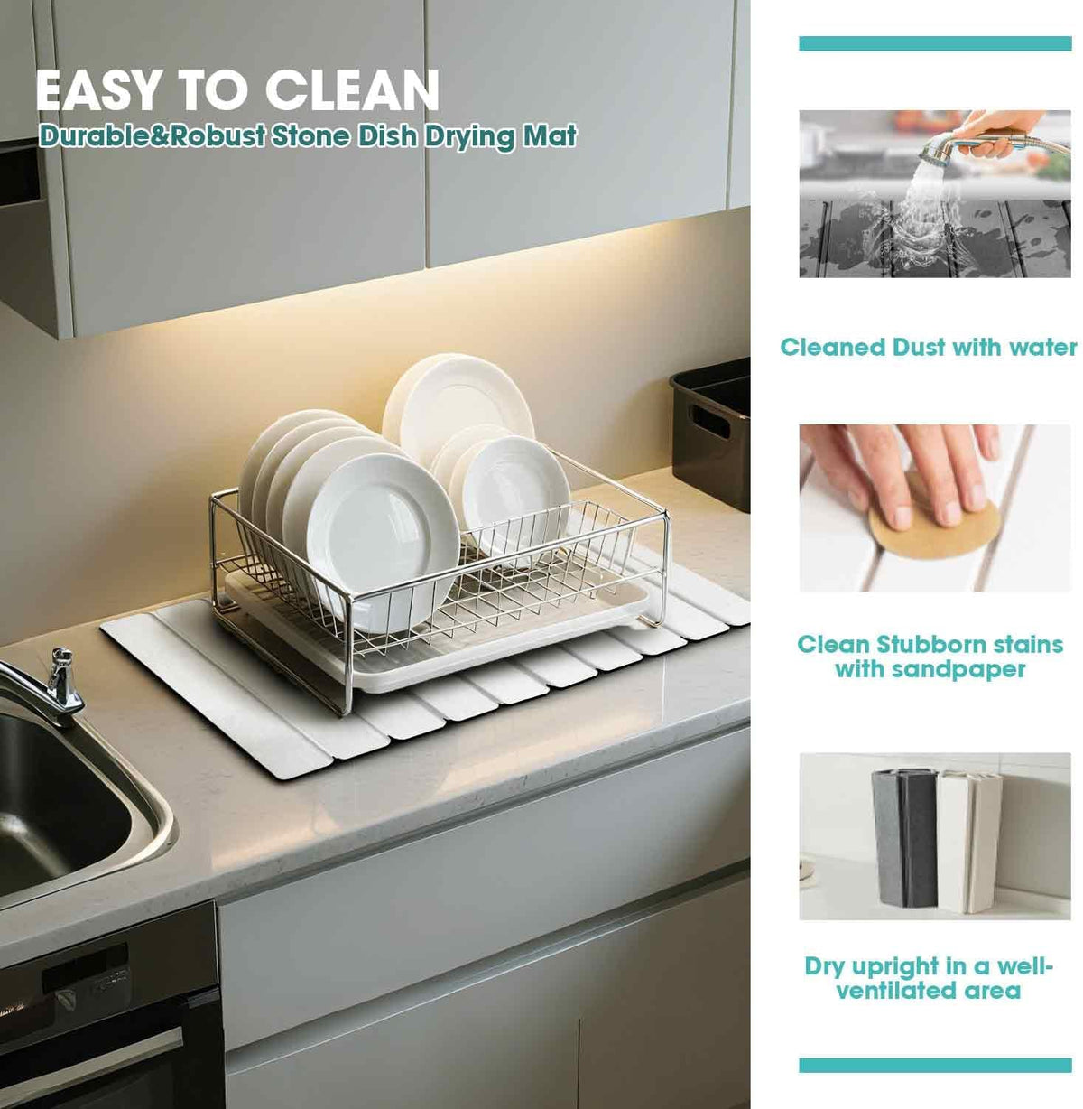 Dish Drying Mat Stone Bath Mat Diatomaceous Earth Stone Drying Mat For Kitchen Counter Sink Bath Mat Quick Dry Non Slip Foldable Dish Drying Rack Mat Large(24"×16" White)