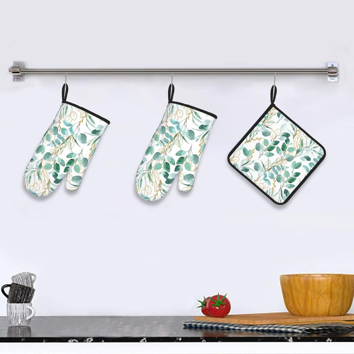 Sage Green Leaves Oven Mitts and Pot Holders Sets Heat Resistant for Kitchen BBQ Microwave Baking Grilling Cooking Set of 3 Cute Botanical Kitchen Oven Glove