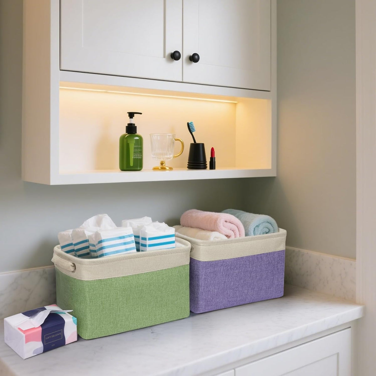 BALEINE 3 Pack Fabric Storage Bins for Shelves, Linen Storage Baskets for Organizing, Decorative Closet Bins for Clothes, Home (Brown, 12"x8"x8")