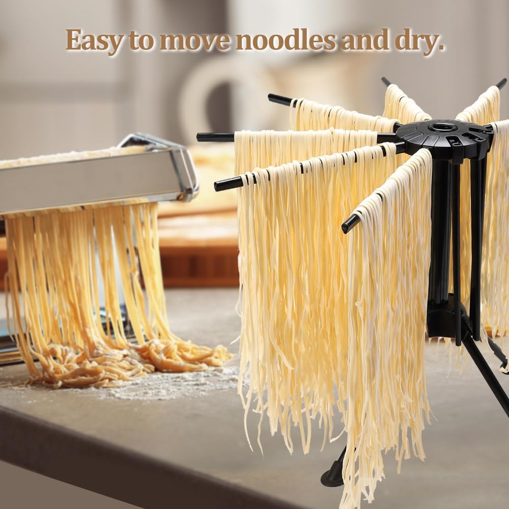 Ourokhome Collapsible Pasta Drying Rack, Plastic Foldable Homemade Fresh Spaghetti Stand Dryer Noodle Hanger for Kitchen with 10 Arms, Stable, Easy Storage, Quickly Set Up (Black)