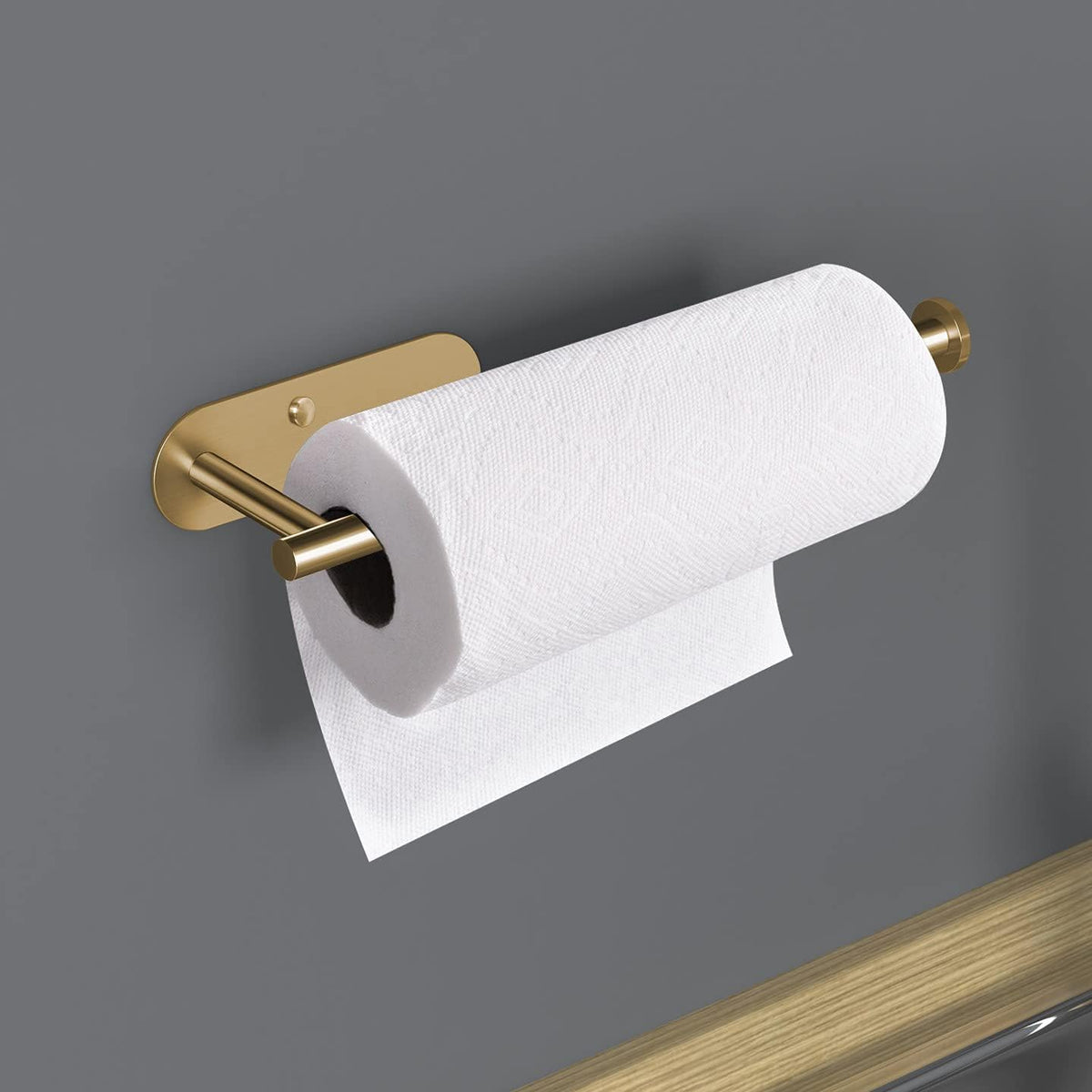 VAEHOLD Adhesive Paper Towel Holder Under Cabinet Wall Mount for Kitchen Paper Towel, Paper Towel Roll Holder Stick to Wall, Stainless Steel (Gold)