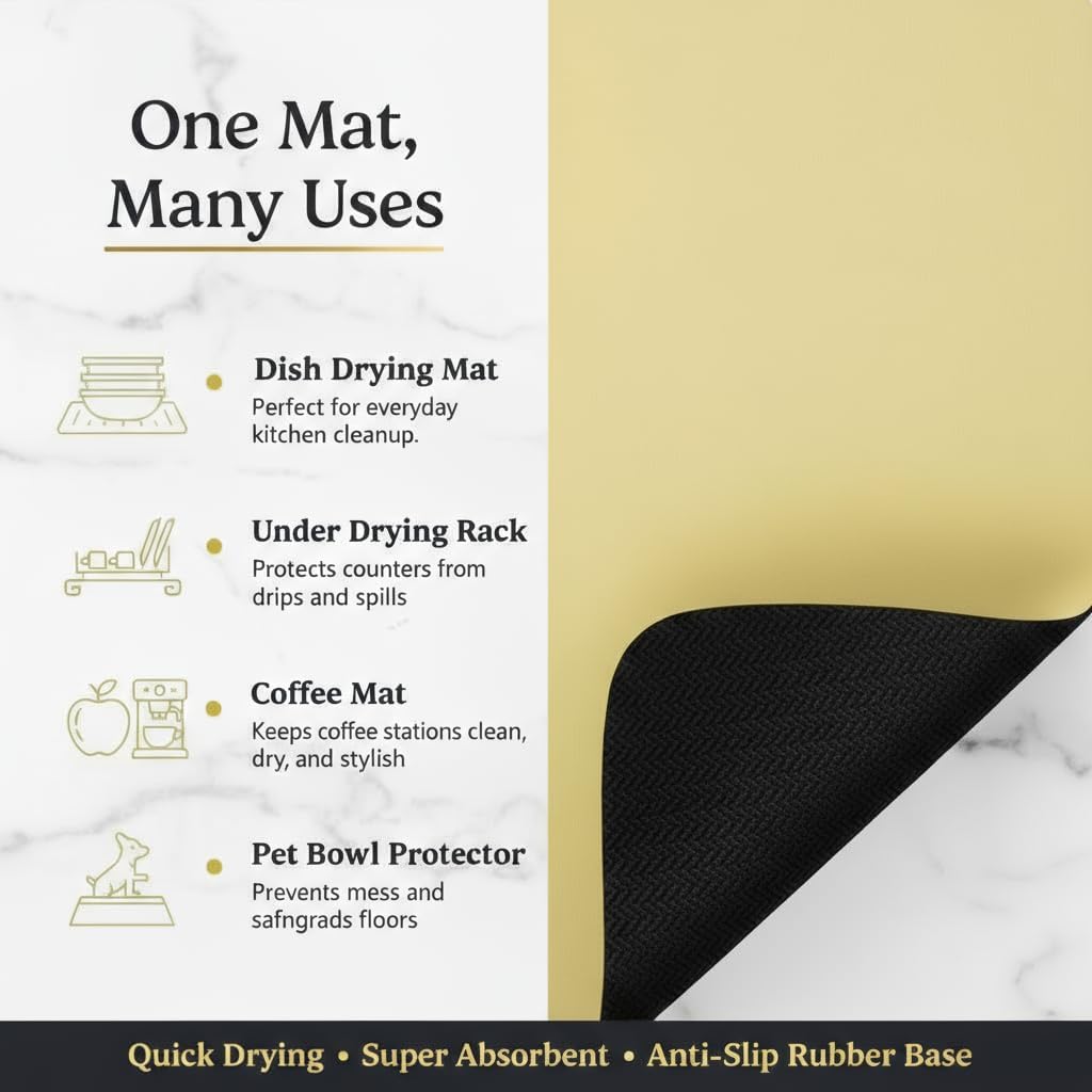 Dish Drying Mat Super Absorbent – 16" x 18" Coffee Mat for Countertops – Non-Slip Drying Mat for Kitchen Counter – Easy to Clean Water Absorbent Mat – Large Dish Drying Mats (Butter Yellow)
