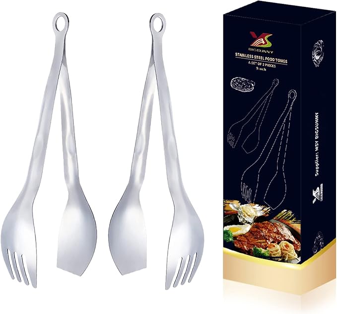 MSY BIGSUNNY 9 Inch Serving Tongs, Stainless Steel Metal Tongs for Cooking, Barbecue, Grilling, Buffet - Set of 2, Silver