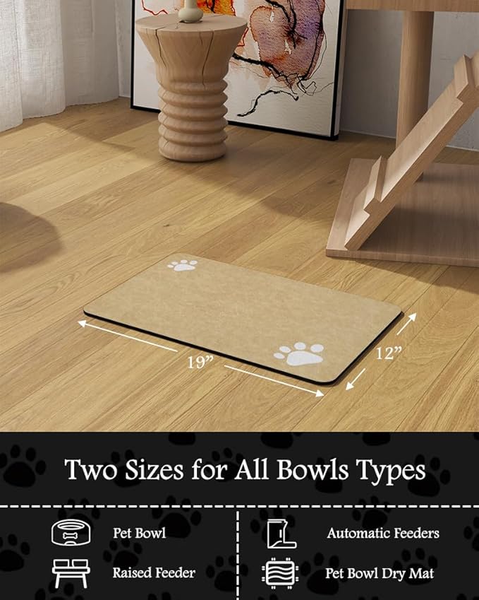 Pet Feeding Mat-Absorbent Dog Mat for Food and Water Bowl-No Stains Quick Dry Water Dispenser Mat-Dog Accessories Pet Supplies-Bowl for Messy Drinkers(Beige,12"x19"