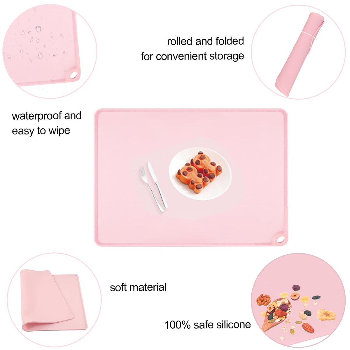 Kids Silicone Cloud Shape Non Slip Placemat for Baby Toddlers - Portable Food Mat, BPA Free Reusable for Travel and High Chairs - Easy to Clean and Roll Up (Pink)