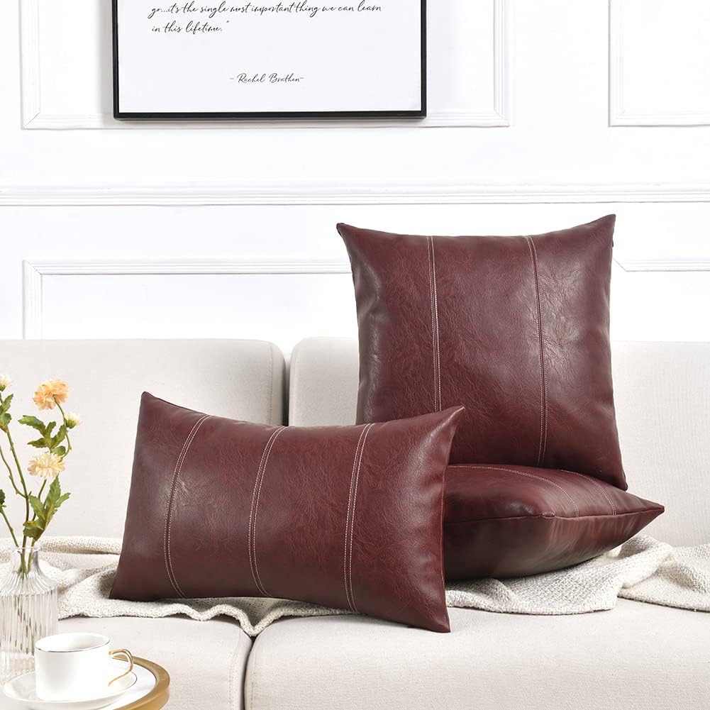 Fancy Homi Burgundy Lumbar Waterproof Faux Leather Decorative Throw Pillow Covers 12x20 Inch for Living Room Couch Bed, Modern Farmhouse Boho Home Decor, Wine Red Hand Stitched Cushion Case 30x50 cm