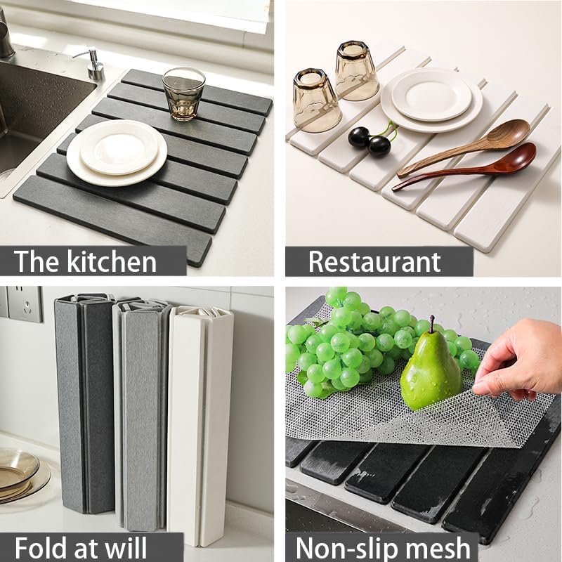 Stone Dish Drying Mats for Kitchen Counter,24×16 IN,Foldable Dish Drying Mat,Equipped Dish Rack,Strong Water Absorption,Diatomaceous Earth Material,Suitable for Plates,Cups and Any Kitchen Utensils