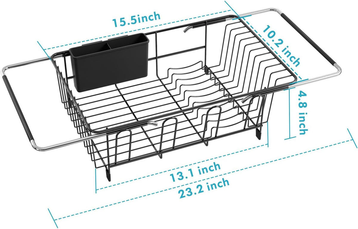 Over The Sink Expandable Dish Drainer Drying Rack in Stainless Steel for Small Kitchen, Counter Space Saving Modern Compact Metal Above Plate Dryer Strainer, Adjustable Hanging Inside Drain Holder