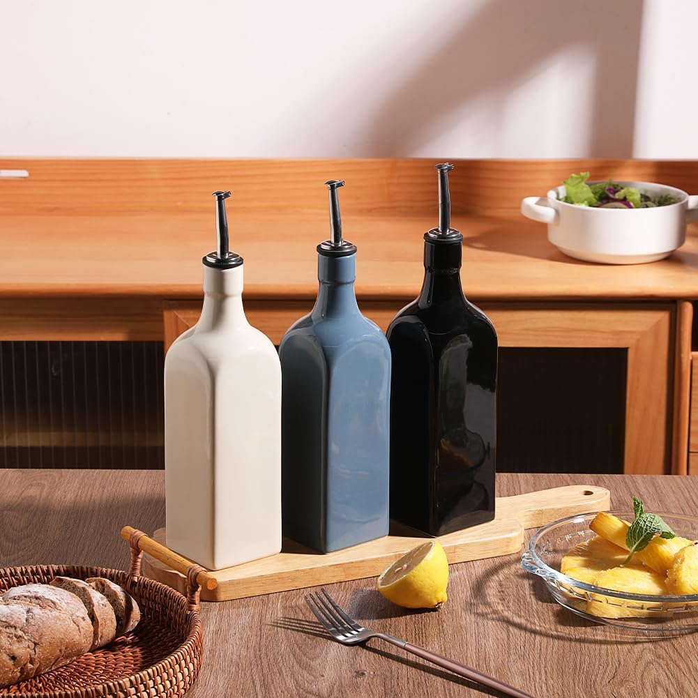 Sweejar 19 Fl Oz Ceramic Olive Oil Dispenser Bottle with Spout, Large Oil Dispenser for Kitchen, Opaque EVOO Oil and Vinegar Cruet for Cooking, Oil Container for Avocado Oil, Pack of 1 (Beige)