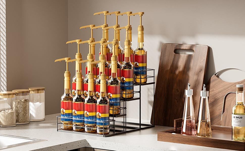 16 Bottle Capacity Coffee Syrup Organizer 4 Tier Coffee Syrup Stand Shelf for Coffee Bar Kitchen Small Wine Rack for Bar Family Storage for Syrup Wine Dressing