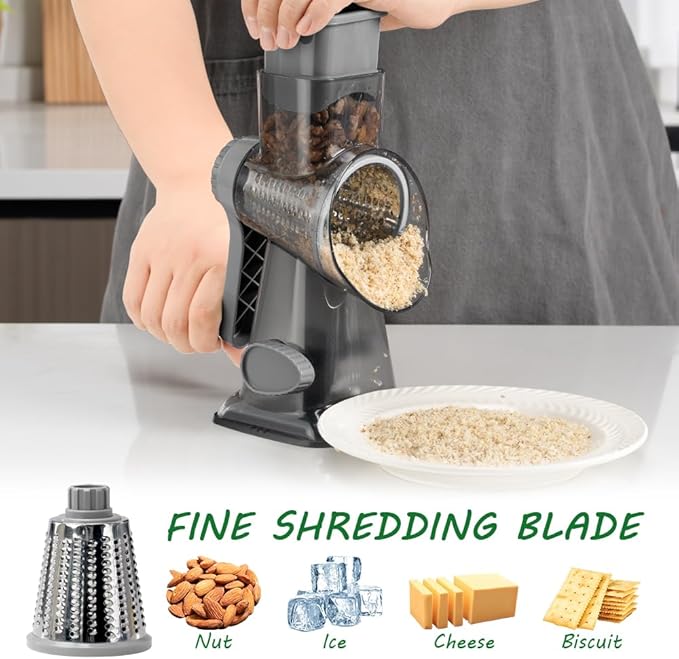 Cheese Grater Hand Crank Rotary Vegetables Shredder with Handle, 3-in-1 Graters with Interchangeable Blades and Strong Suction Base Multifunctional Slicer for Kitchen