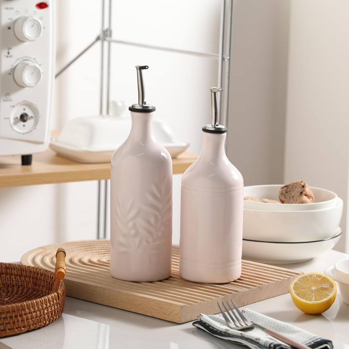 Sweejar Ceramic Olive Oil Dispenser Bottle, 20 Oz Relief Opaque Oil Cruet Protects To Reduce Oxidation, Suitable for Storage Vinegar, Soy Sauce,Liquids,Set of 1 (Rose Pink)