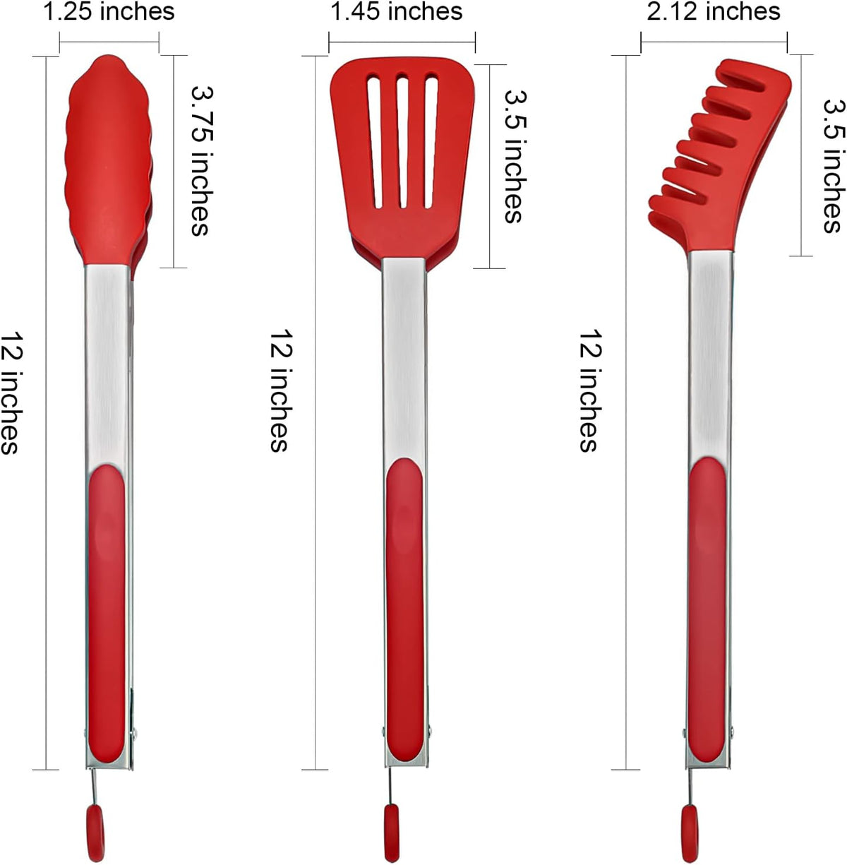 HST Tongs for Cooking with Silicone Tips(3 Pack), Non Stick Kitchen Tongs with Silicone Tip for Cooking BBQ Baking (12", Red)