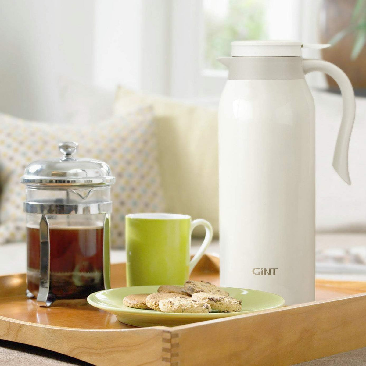 GiNT 51 Oz Stainless Steel Thermal Coffee Carafe, Double Walled Vacuum Insulated Flask, 12 Hour Heat Retention, 1.5 Liter Tea, Water, and Coffee Dispenser (Upgraded version White)