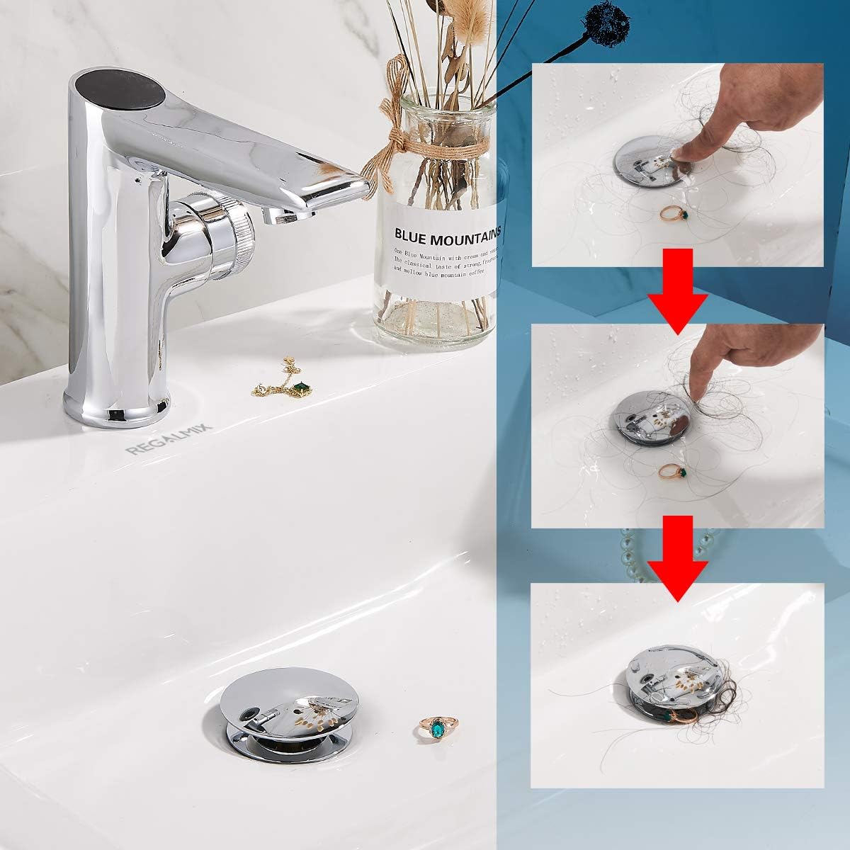 Pop Up Drain Without Overflow, Bathroom Sink Stopper for Vessel Vanity Sink 2 Pack Polished Chrome, All Metal - Big Cap Fit for Vessel or Undermount Sink, RM082A-P2