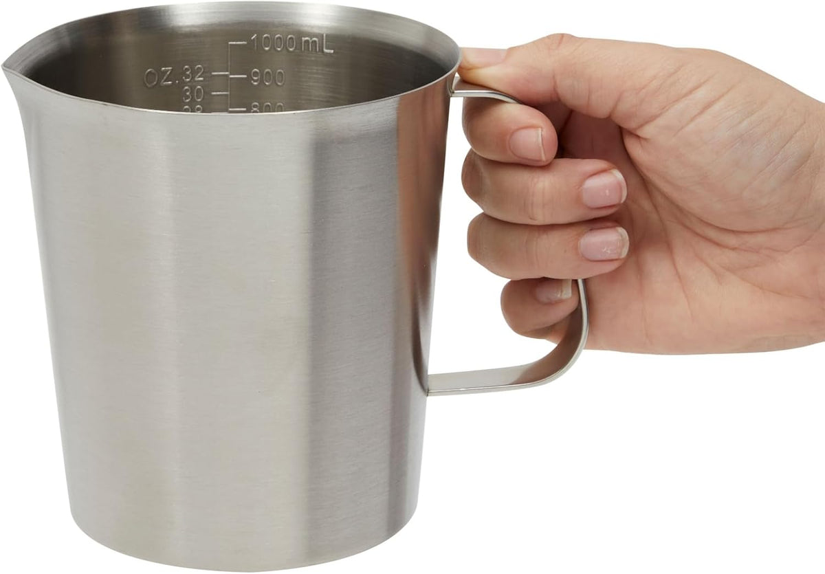 Juvale 4-Stainless Steel Metal Measuring Cups - 32 Oz/1000 mL, With Handle - Stainless Steel Graduated Pitcher with Ounce & Milliliter Markings