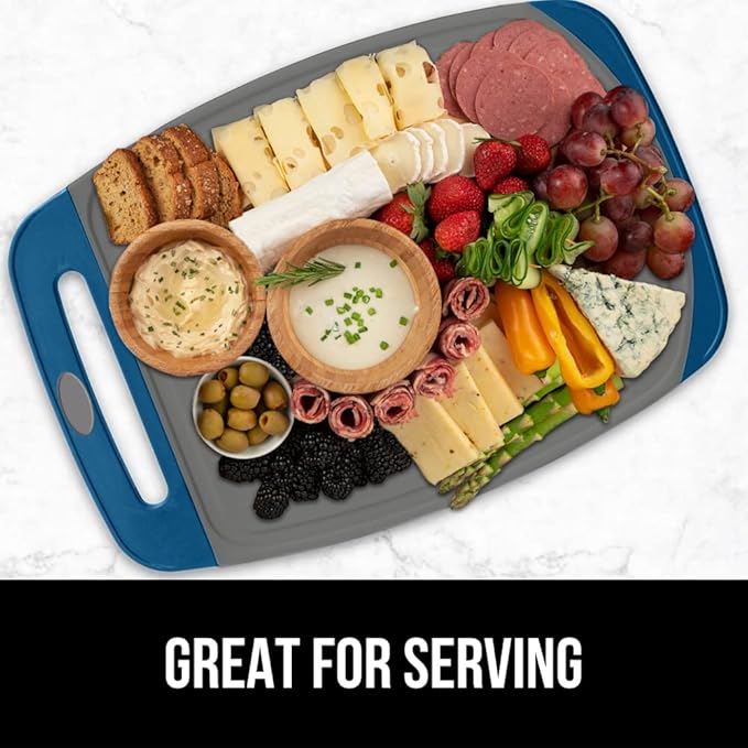 GORILLA GRIP BPA-Free Reversible Kitchen Cutting Board Set of 3, US Designed, Nonporous, Juice Grooves Catch Liquid, Slip Resistant Border, Dishwasher Safe, Durable Food Chopping Boards, Blue Gray