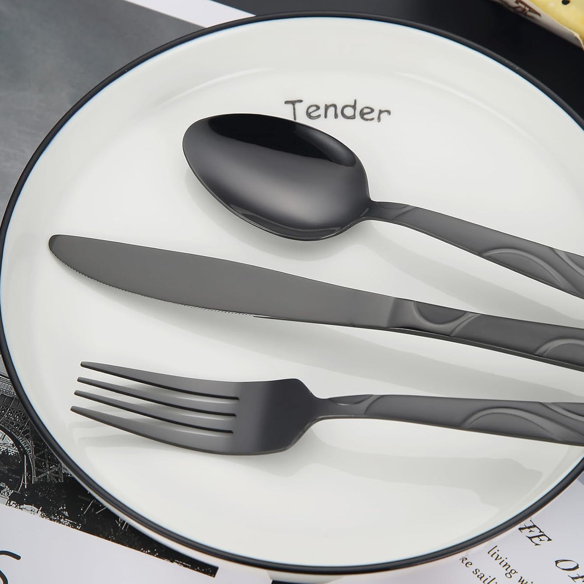 Black Silverware Set, 30 Pieces Stainless Steel Flatware Utensils, Cutlery Set Service for 6 Including Fork Spoon and Knife, Dishwasher Safe