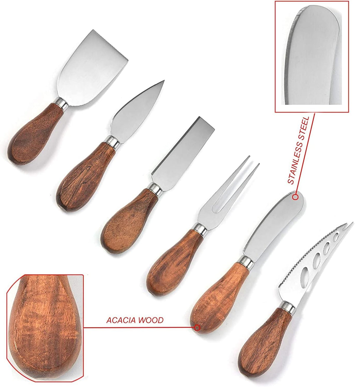 Exquisite 6-Piece Cheese Knives Set, Stainless Steel Cheese Knife Set Collection (Acacia Wood Handle)