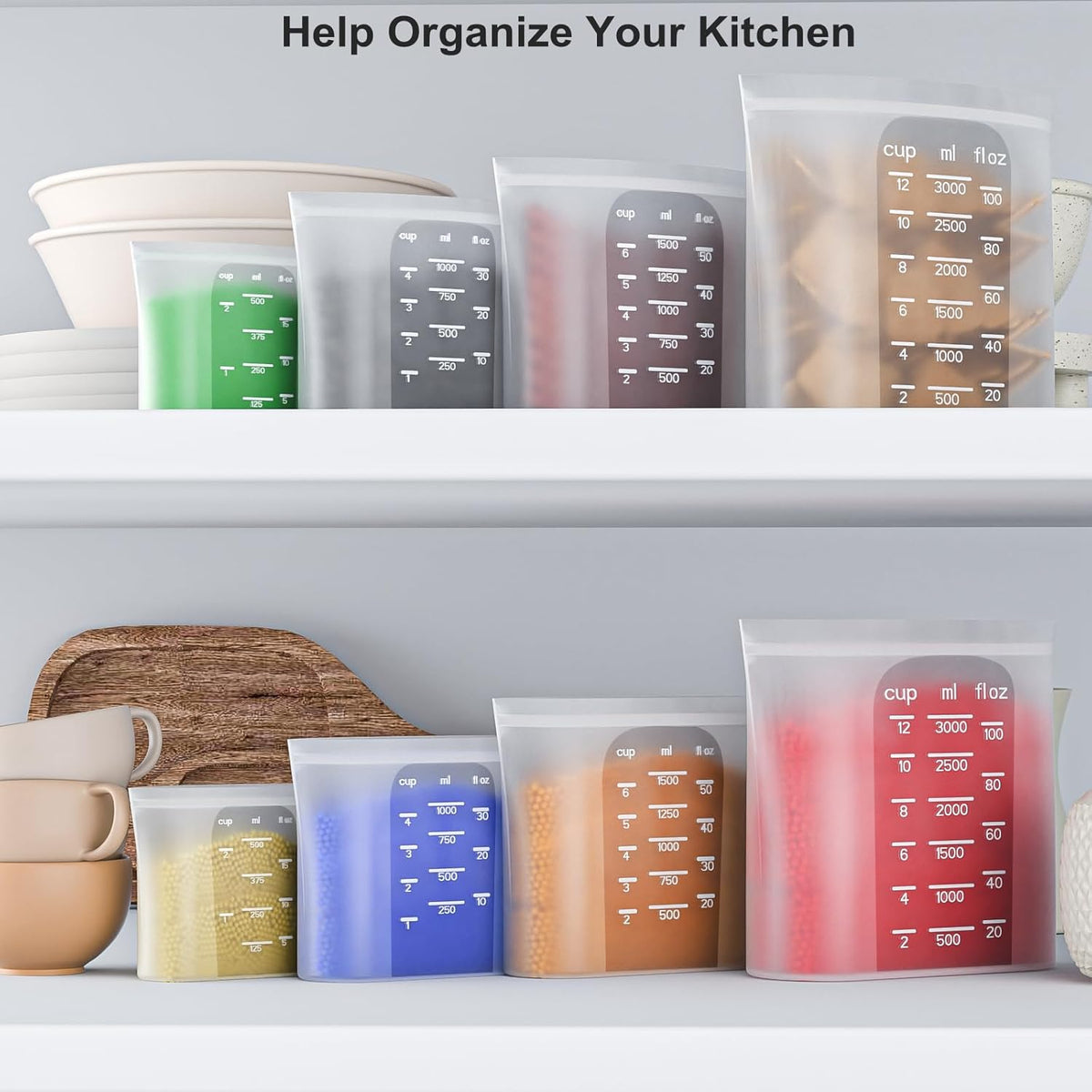 Bangp Premium Silicone Reusable Food Storage Bags,4 Pack(100oz, 50oz, 30oz,15oz),New Generation Stand Up Zip Freezer Bags,Sandwich Snack Bags,Multi-Use Food Storage Containers,Leak-free,Microwave Safe