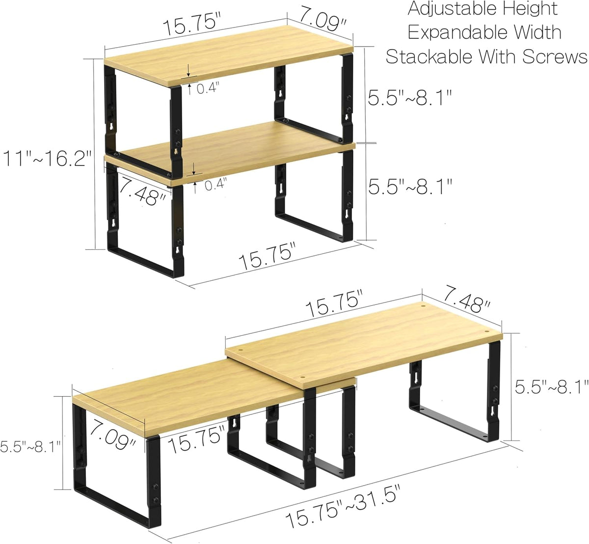 Expandable Kitchen Cabinet Organizer Shelves – Stackable Adjustable Metal and Wood Storage Racks for Countertop, Pantry, Garage Set of 2 Spice Rack – Easy Assembly, Space-Saving(1 Pack/Large/Black)