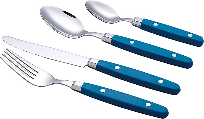 ANNOVA Silverware Set, Retro/Rivet Colorful Stainless Steel Tableware Kitchen Flatware Set Utensils, Includes Dinner Knives, Forks, Spoons & Dessert Spoons (Blue, 24 Pieces)