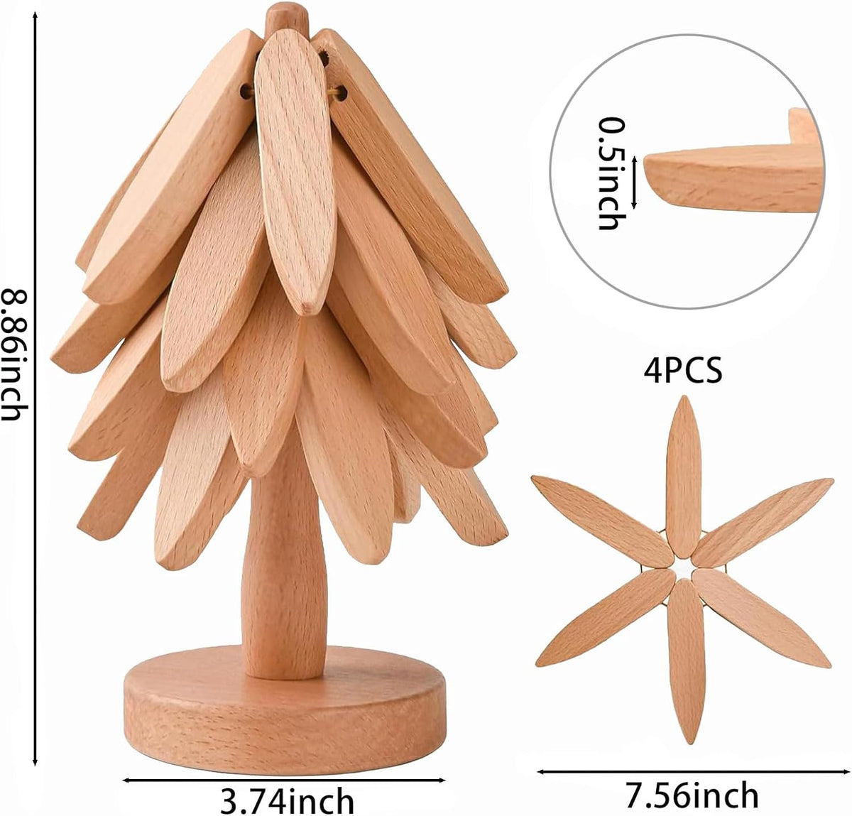 Premium Wooden Trivets Set of 4,Natural Wood Heat Resistant Coasters for Hot Pots, Pans, and Dishes - Eco-Friendly Kitchen Accessories for Dining Table, Countertop, and Stovetop Protection